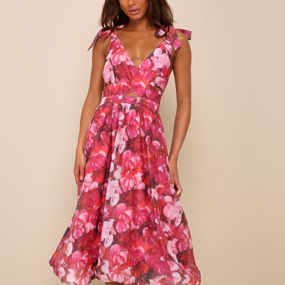 Lulu's Flowering Day Dream Magenta Floral Organza Midi Bubble Dress